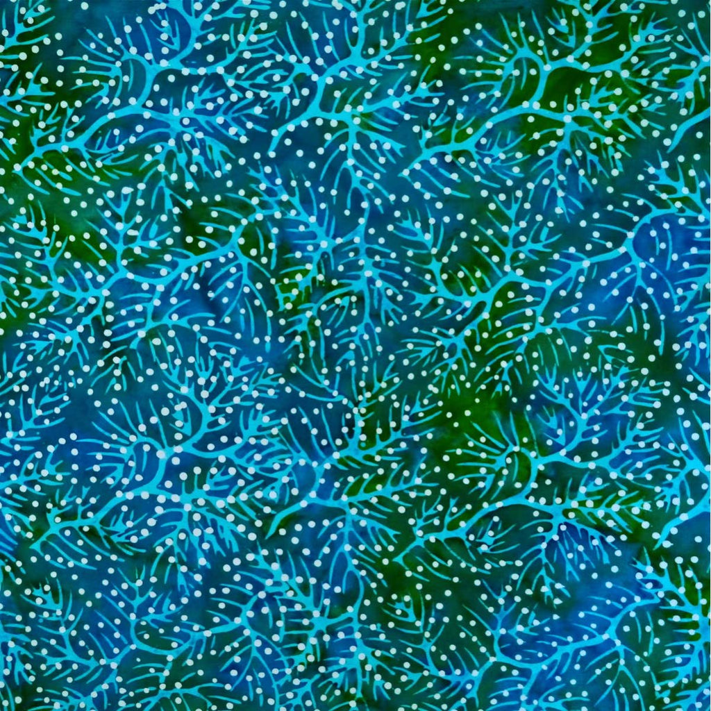 Bluish Green Leaves Dots Glass Glow - Batik by Mirah Cotton Fabric