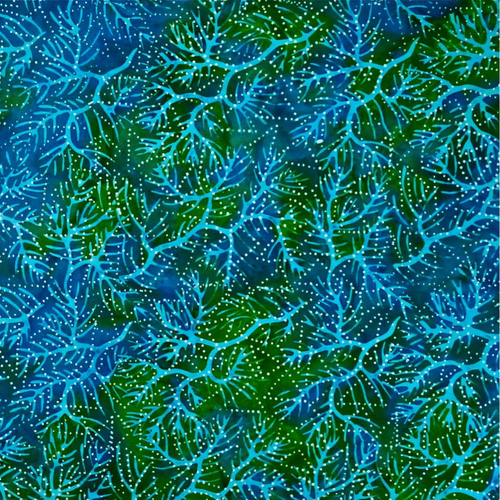 Bluish Green Leaves Glass Glow - Batik by Mirah Cotton Fabric