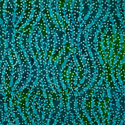 Bluish Green Vines Dots Glass Glow - Batik by Mirah Cotton Fabric