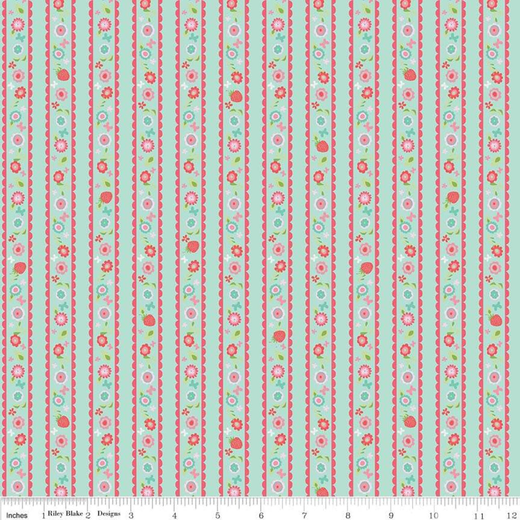 Butterflies & Berries Stripe Mint- Riley Blake Cotton Fabric