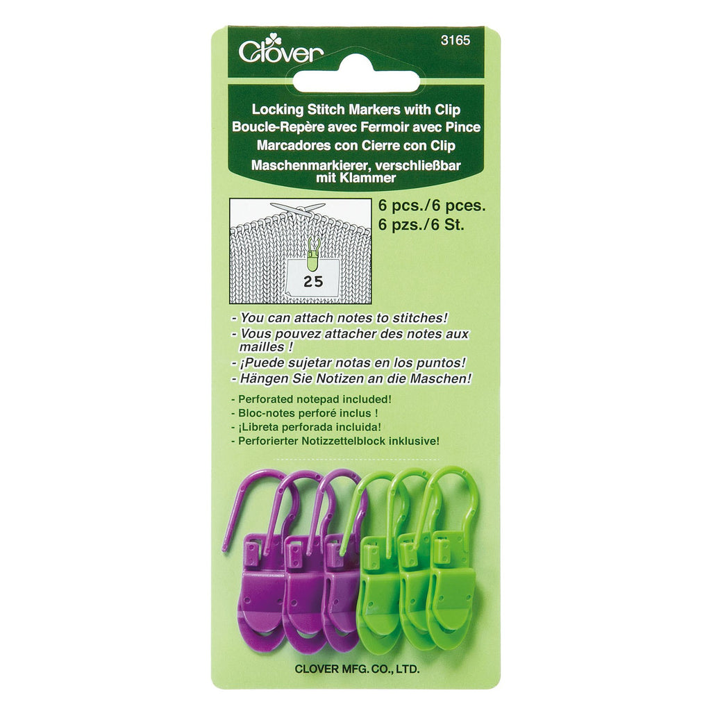 Clover 3165 Locking Stitch Markers with Clip (6-Pack), Green/Purple