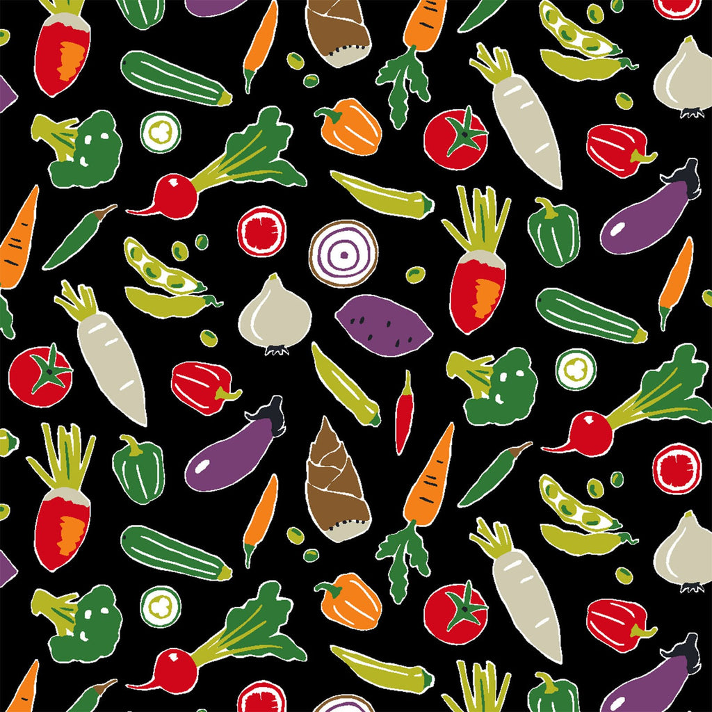 Vegetables on Black - Small Japanese World - Cosmo Japan Cotton Sheeting Fabric