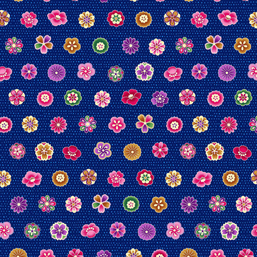Modern Japanese Style Royal Blue Asian Inspired Floral - Cosmo Japan Cotton Dobby Fabric