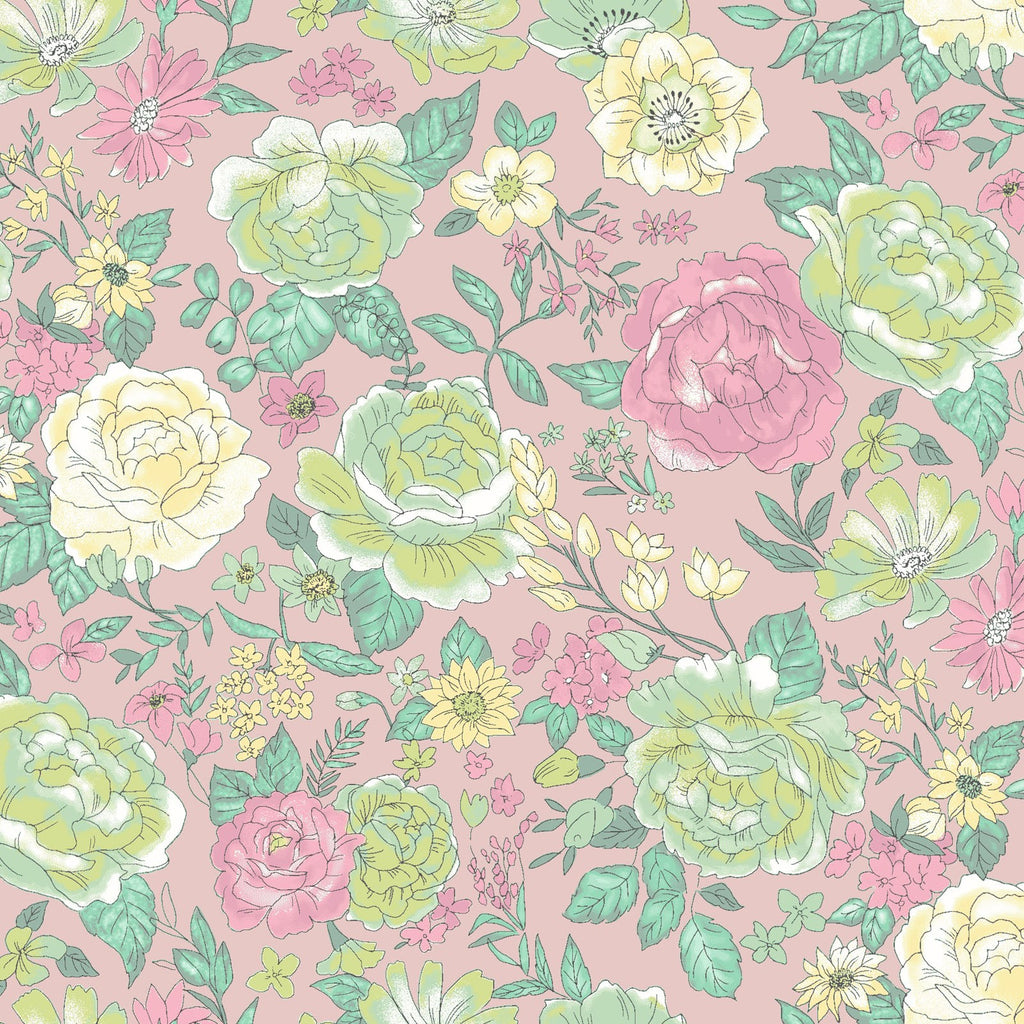 Pink Green & Yellow Peony Flower Garden Floral - Cosmo Japan Cotton Lawn Fabric