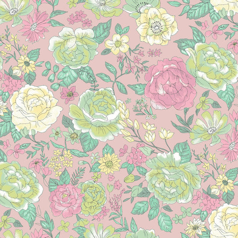 Pink Green & Yellow Peony Flower Garden Floral - Cosmo Japan Cotton Lawn Fabric
