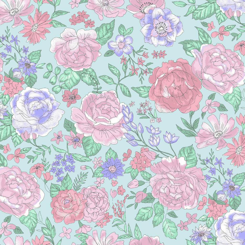 Aqua Pink & Lavender Peony Flower Garden Floral - Cosmo Japan Cotton Lawn Fabric