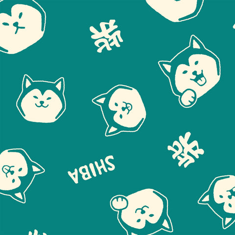 Teal with Shiba Inu Dogs - Cosmo Japan Cotton Dobby Fabric