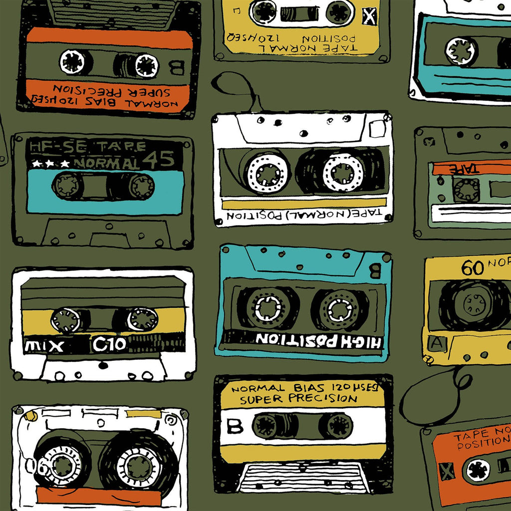 Retro Cassette Tape on Olive - Cosmo Japan Cotton Oxford Fabric
