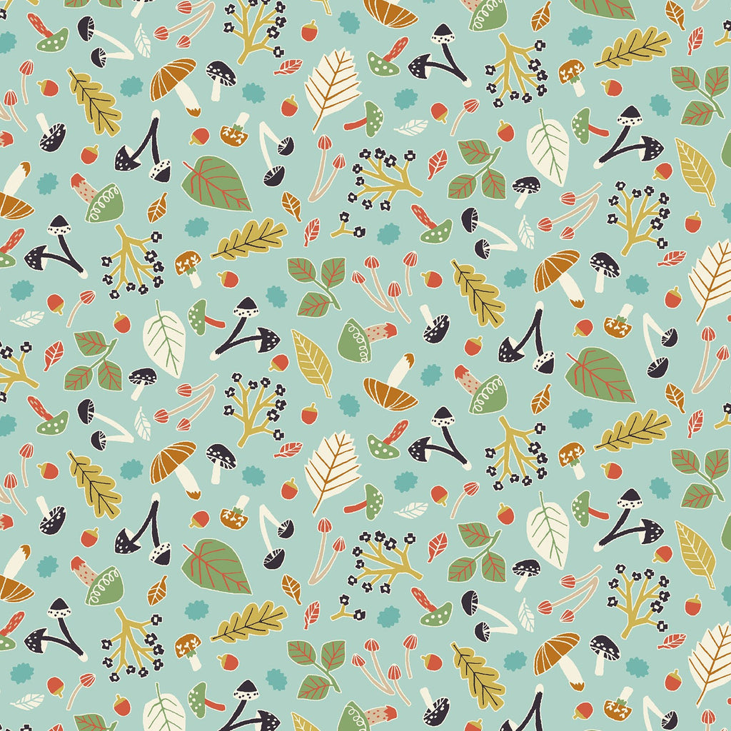Mushrooms & Leaves on Mint - Pygmy World - Cosmo Japan Cotton Sheeting Fabric