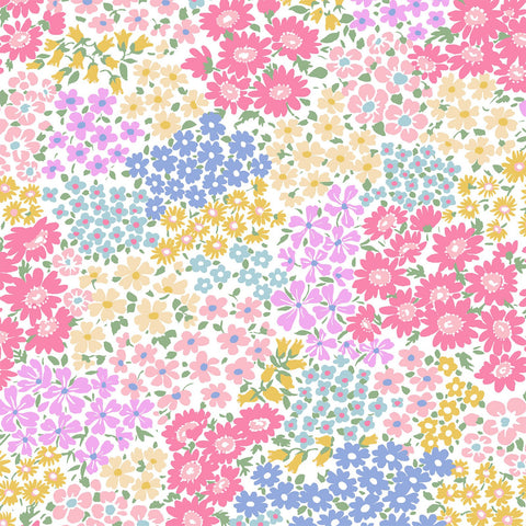 Spring Flowers - Pink Lilac Blue & Yellow Floral - Cosmo Japan Cotton Oxford Fabric