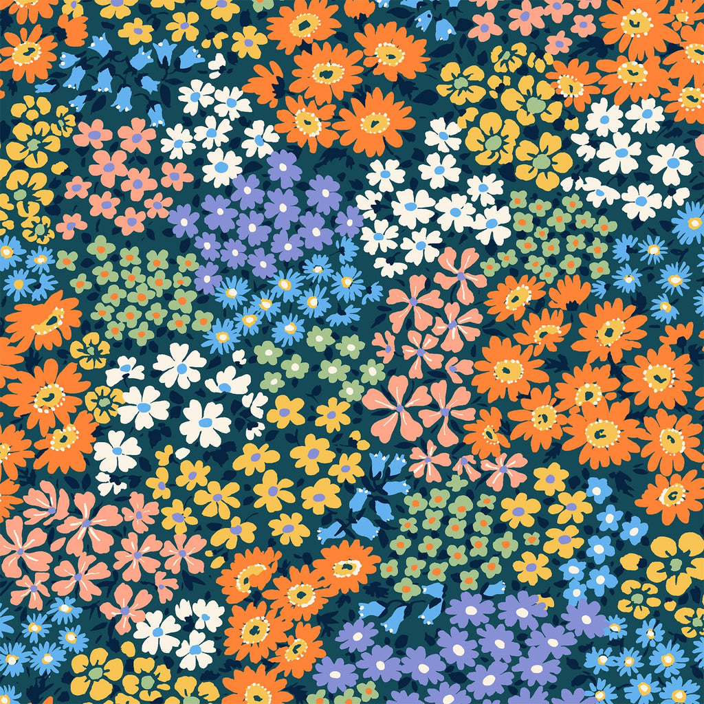 Spring Flowers - Teal Green Blue Orange Floral - Cosmo Japan Cotton Oxford Fabric