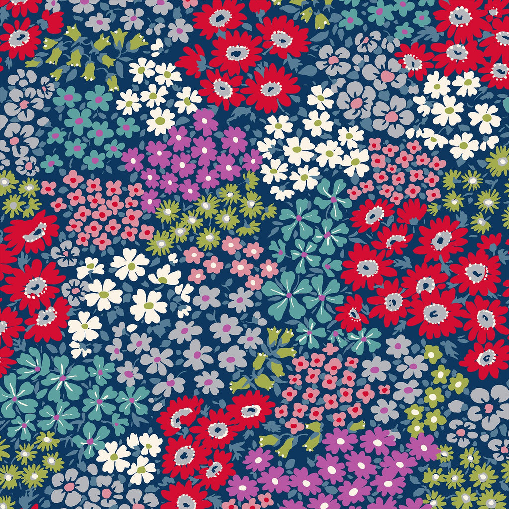 Spring Flowers - Blue with Red Purple Green Floral - Cosmo Japan Cotton Oxford Fabric
