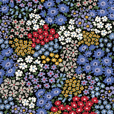Spring Flowers - Black with Periwinkle Lavender & Yellow Floral - Cosmo Japan Cotton Oxford Fabric