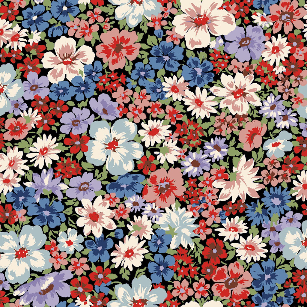 Spring Flowers - Black with Periwinkle Lavender & Red Floral - Cosmo Japan Cotton Oxford Fabric