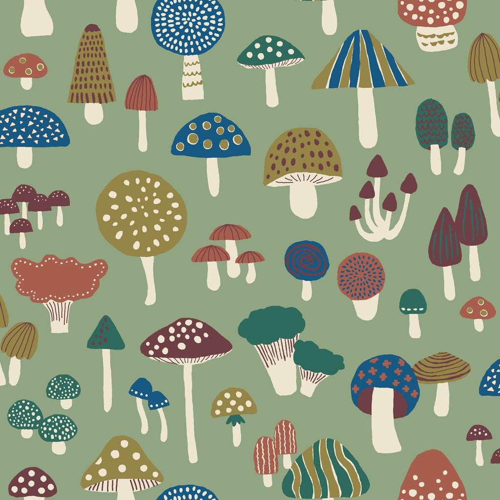 Mushrooms on Sage Green - Mushroom & Cherry - Cosmo Japan Cotton Oxford Fabric