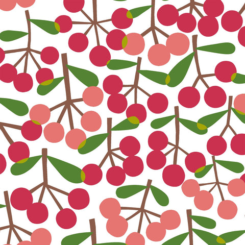 Pink Cherries on White - Mushroom & Cherry - Cosmo Japan Cotton Oxford Fabric