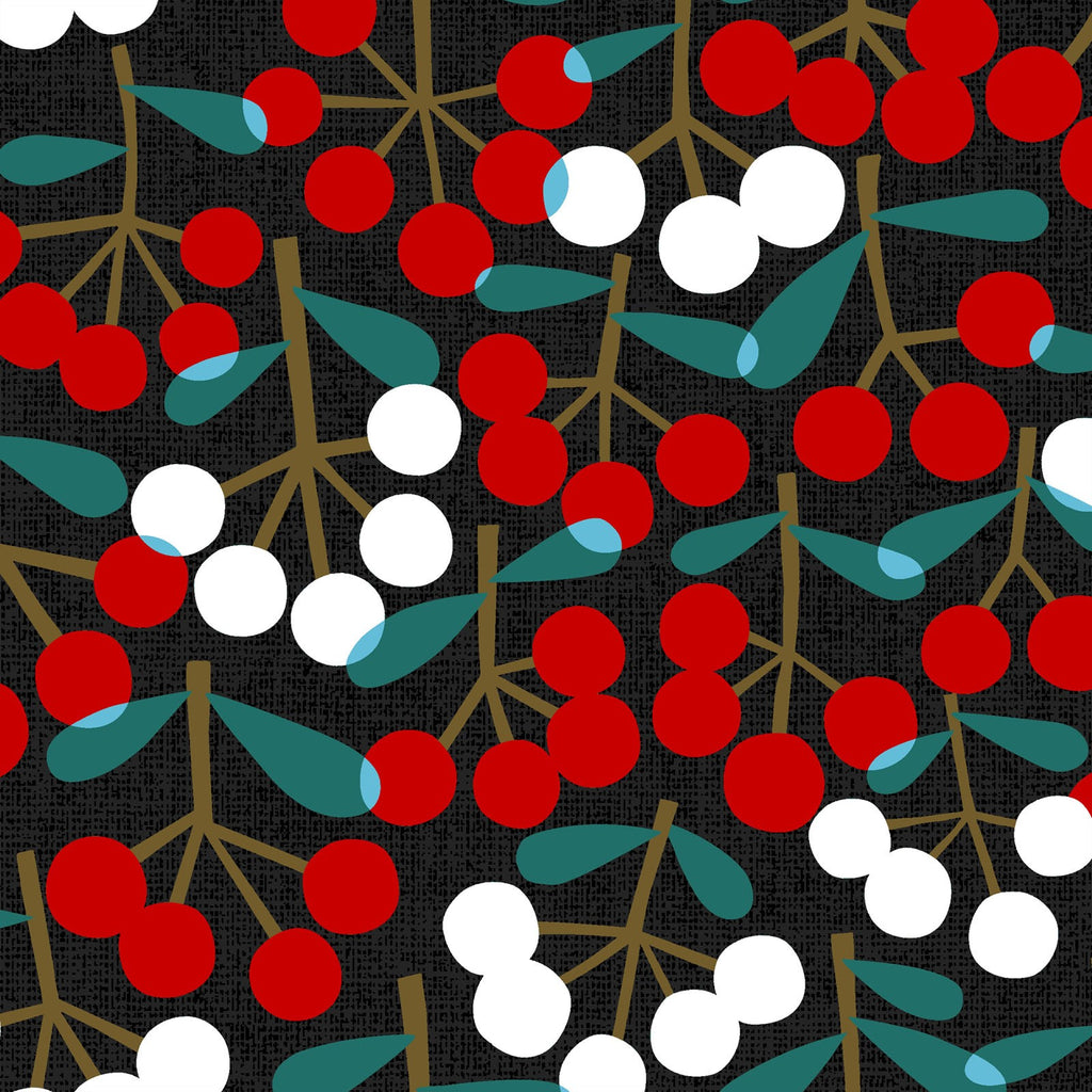 Red and White Cherries on Black - Mushroom & Cherry - Cosmo Japan Cotton Oxford Fabric
