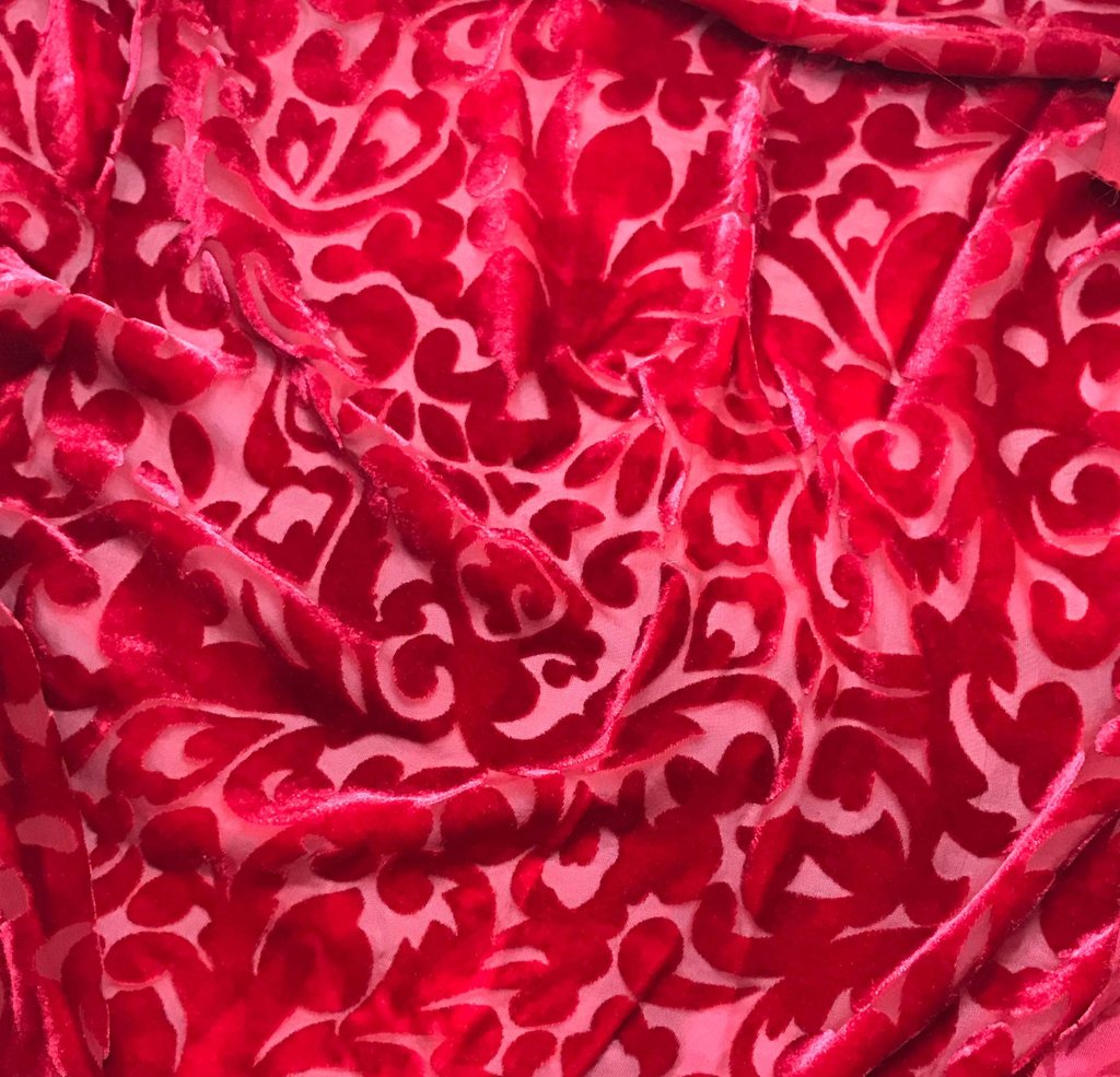 Cherry Red Scroll - Hand Dyed Burnout Silk Velvet
