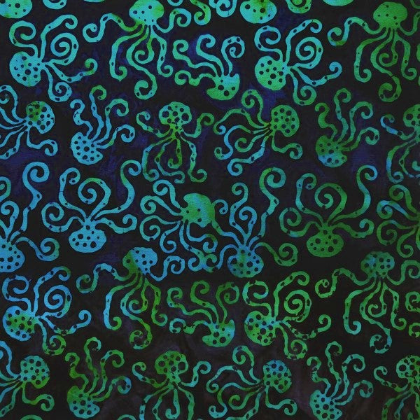 Coral Treasure - Epic Deep Blue/Teal Octopus - Batik by Mirah Cotton Fabric
