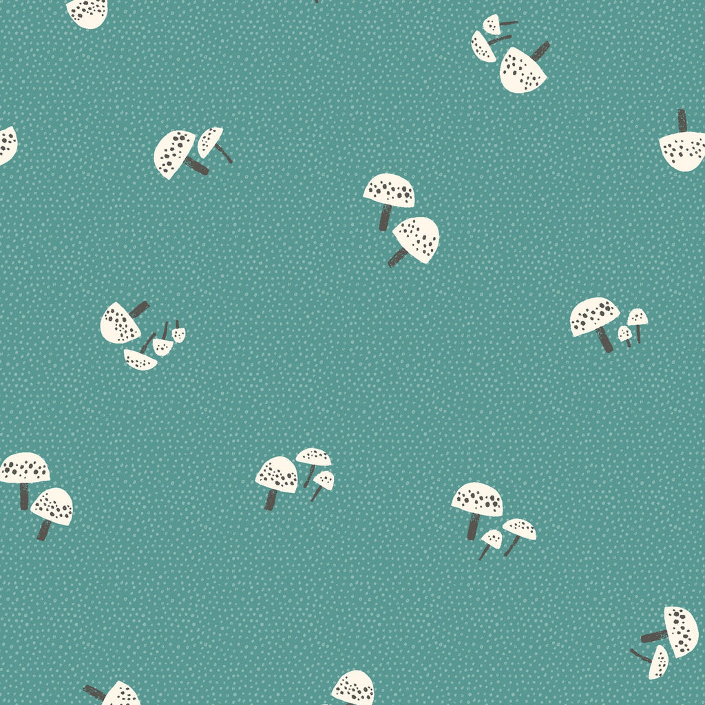 Dreaming of Snow Mushrooms on Teal - Clothworks by Rebecca Jones Cotton Fabric
