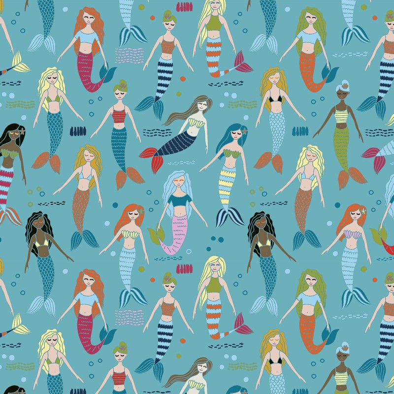 Blue Mermaids - Mermaids and Unicorns - In The Beginning Cotton Fabric