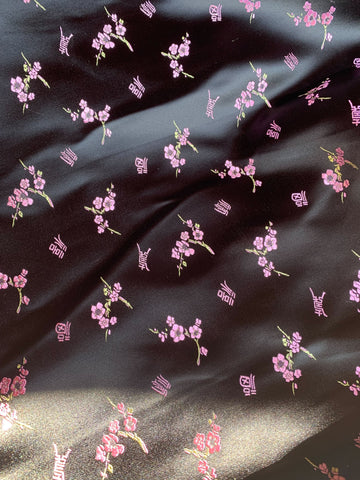 Black & Pink Asian Cherry Blossoms - Faux Silk Brocade Jacquard Fabric