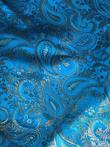 Turquoise & Gold Paisley - Faux Silk Brocade Jacquard Fabric