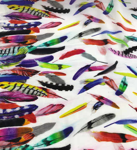 Multi Colored Rainbow Feathers - Silk Crepe de Chine Fabric