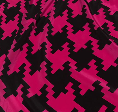Pink & Black Houndstooth  - Silk Crepe de Chine Fabric