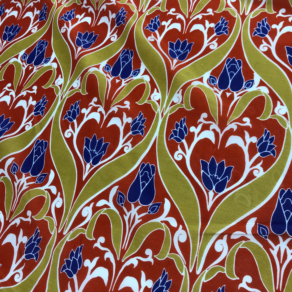 Red, Gold & Blue Art Nouveau Floral - Silk/Cotton Voile Fabric