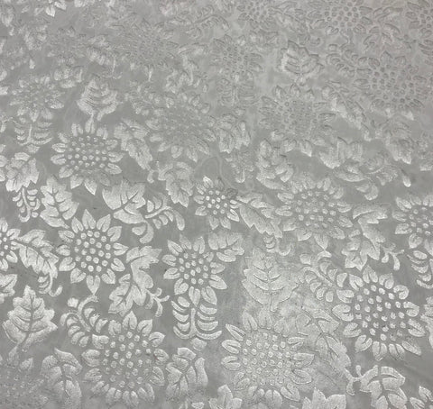 Burnout Devore Satin Fabric - White Sunflowers