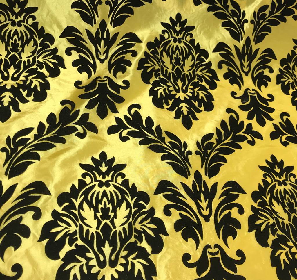 Bright Yellow with Large Black Damask - Flocked Velvet Faux Silk Taffeta Fabric