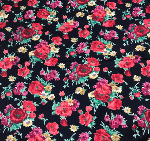 Red Floral - Wool Cotton Twill Fabric