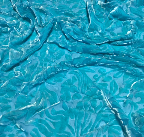 Turquoise Blue Floral - Hand Dyed Burnout Silk Velvet