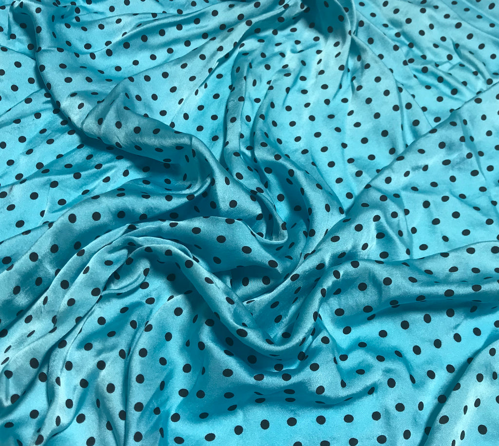 Aqua & Black Polka Dots - Hand Dyed Silk Charmeuse Fabric