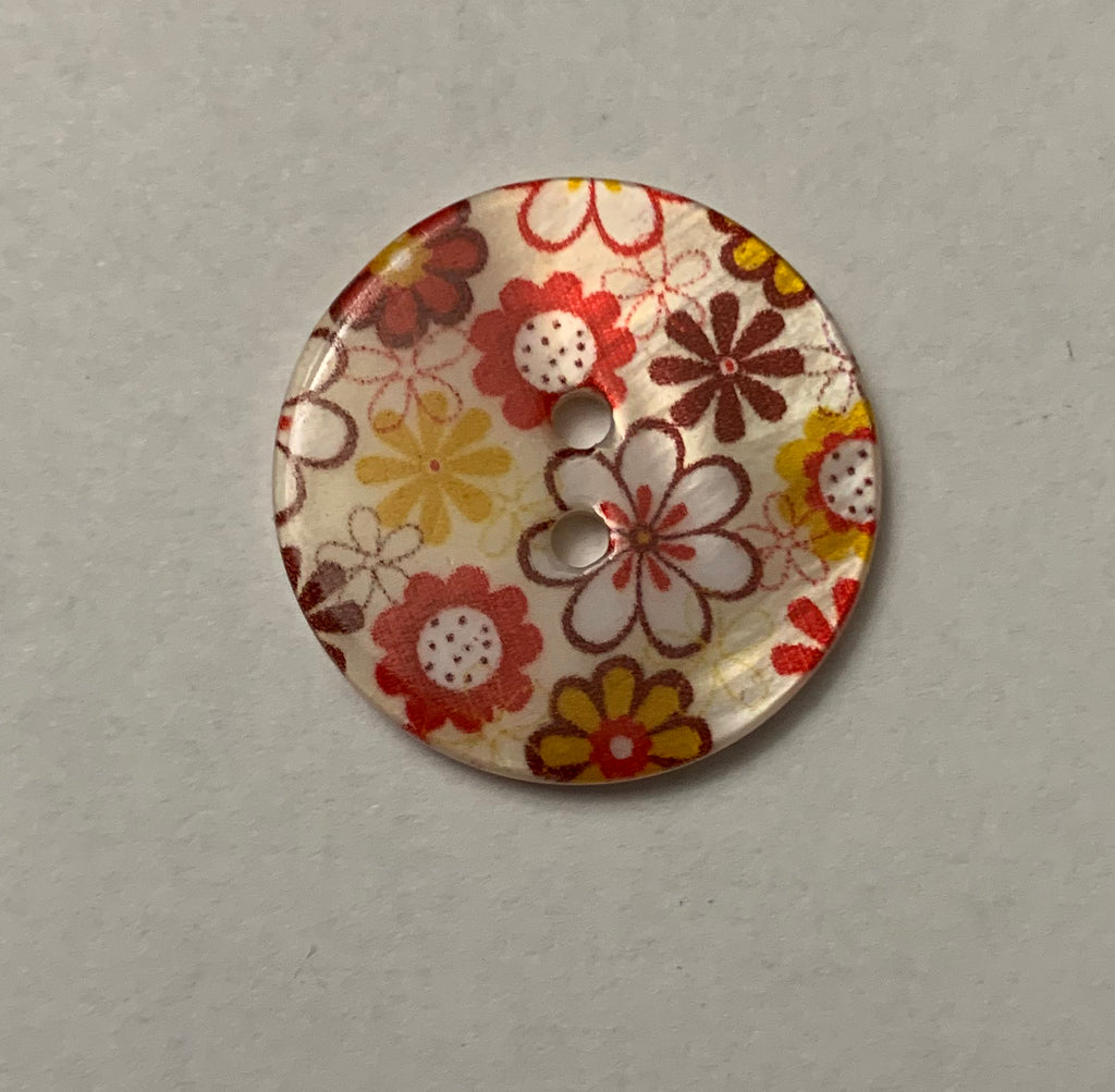 Red & Yellow Retro Floral Natural Pearl Shell Button - Made in France (2 Sizes to Choose From)