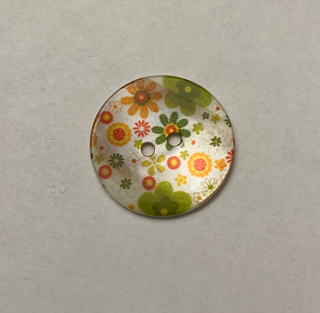 Green & Orange Retro Floral Natural Pearl Shell Button - Made in France (2 Sizes to Choose From)