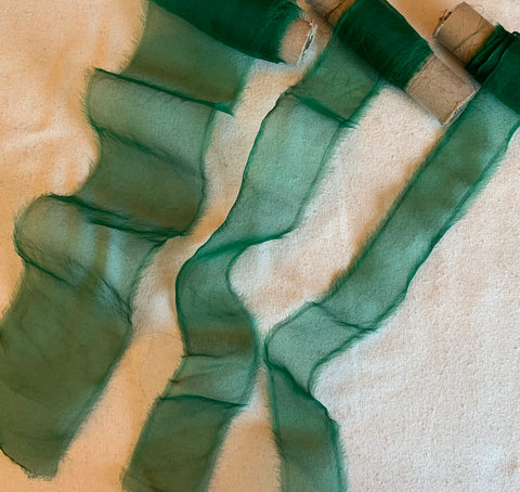 Emerald Green Hand Dyed 100% Silk Sheer Organza Ribbon ( 4 Widths to choose from)