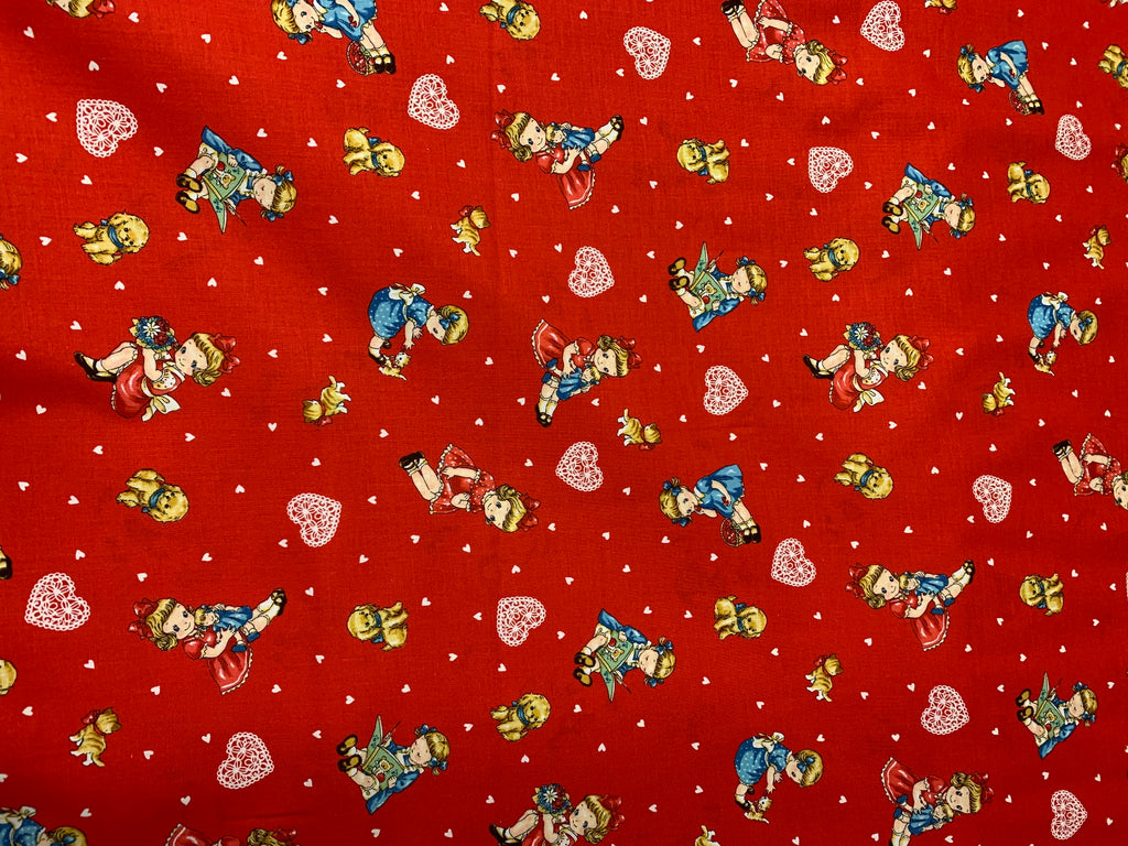 Dear Little World: Margaret & Sophie - Retro Children on Red - Quilt Gate Cotton Shirting Fabric