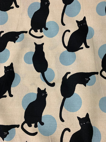 Asian Inspired Cats with Blue Polka Dots - Cosmo Japan Cotton Dobby Fabric