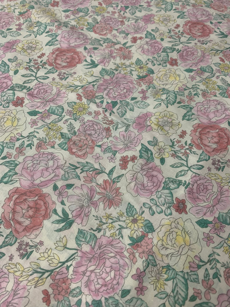 Pink & Yellow Peony Flower Garden Floral - Cosmo Japan Cotton Lawn Fabric