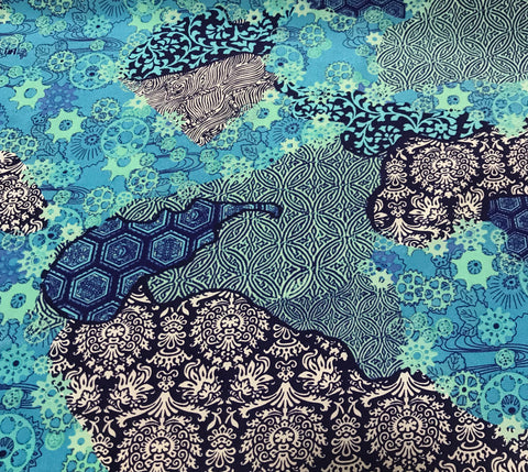 Purple & Blue Patchwork  - Silk Crepe de Chine Fabric - 1 Yard x 45"Remnant