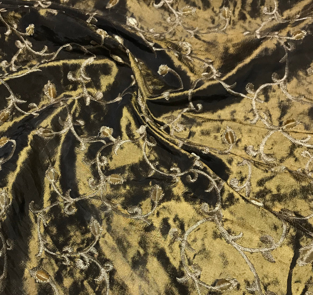 Chenille Embroidered Buds & Vines on Bronze - Faux Silk Taffeta Fabric