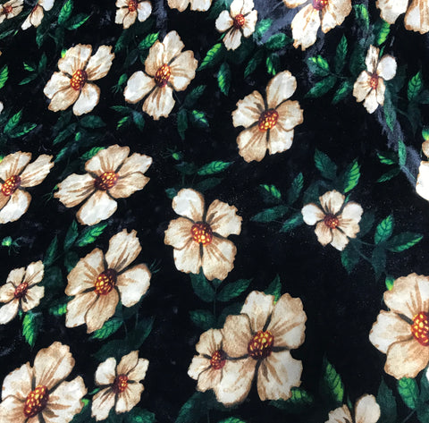 Black & Ivory Floral - Stretch Polyester Velvet Fabric
