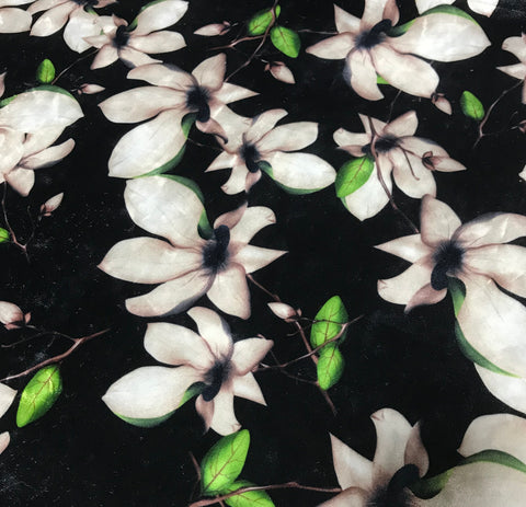 Black & White Magnolia Floral - Stretch Polyester Velvet Fabric