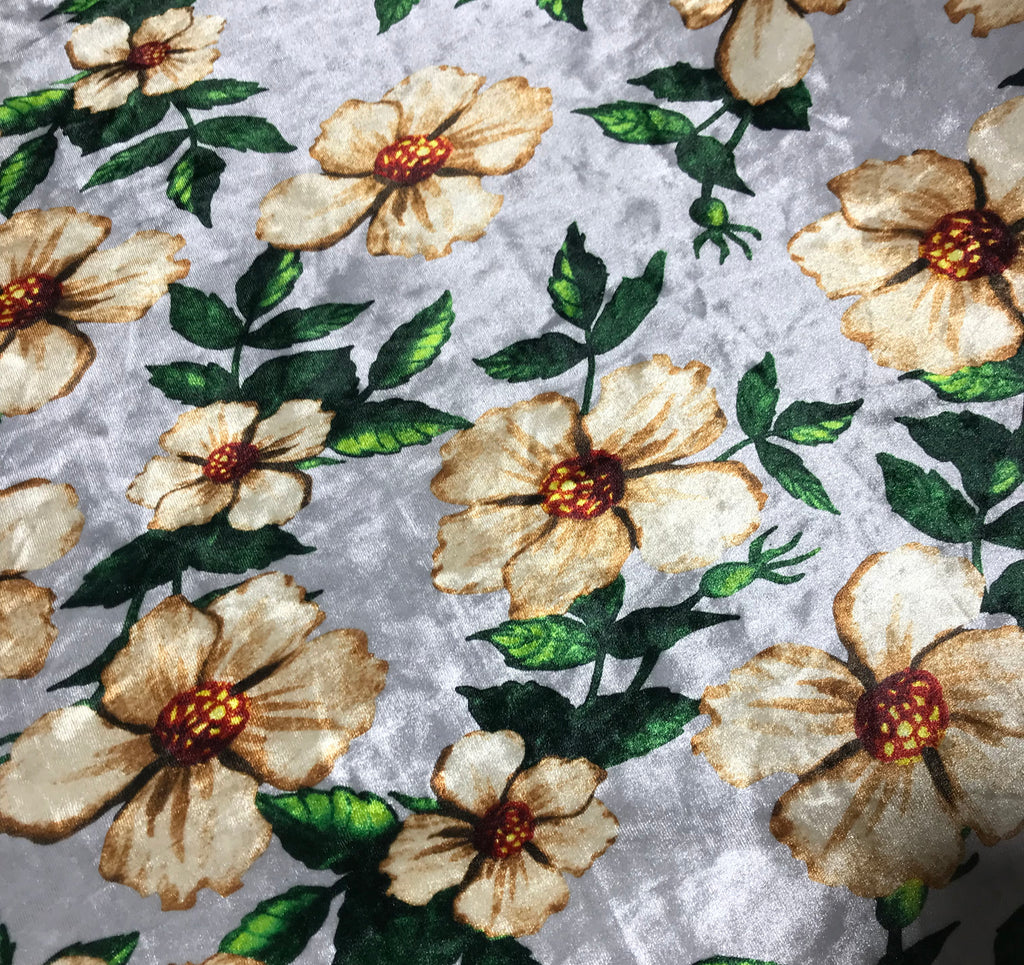 Gray & Ivory Floral - Stretch Polyester Velvet Fabric