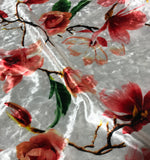 White & Coral Magnolia Floral - Stretch Polyester Velvet Fabric