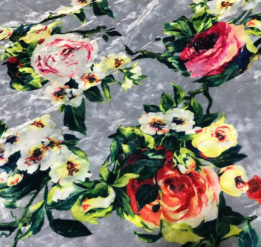Gray with Roses Floral - Stretch Polyester Velvet Fabric