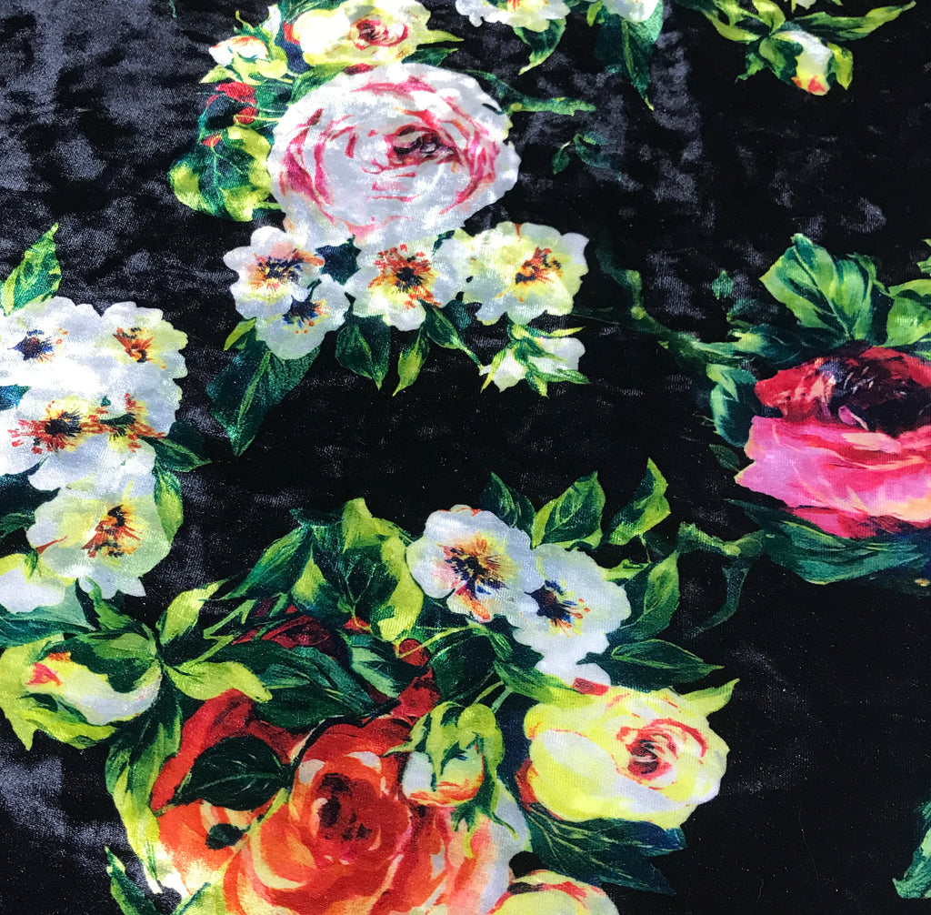 Black with Roses Floral - Stretch Polyester Velvet Fabric