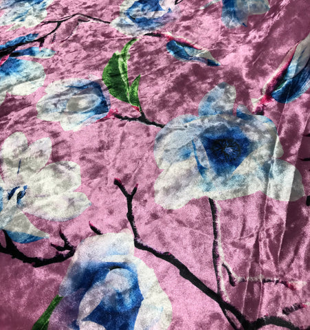 Pink & Blue Magnolia Floral - Stretch Polyester Velvet Fabric